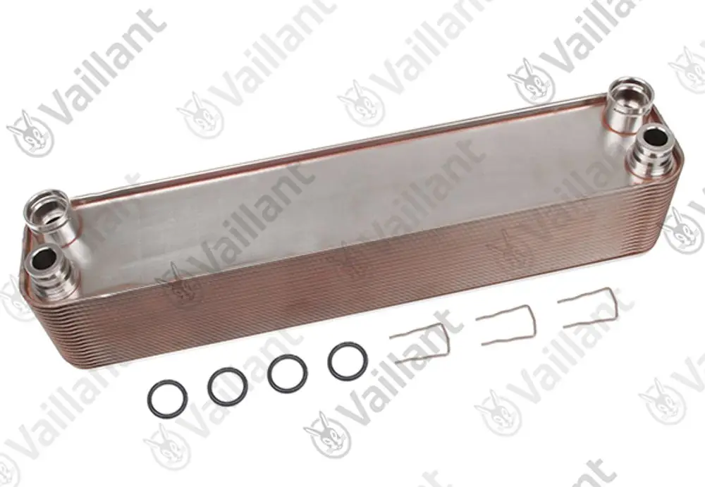 Wärmetauscher von Vaillant mit 36 Platten, zwei Anschlussöffnungen und O-Ringen. Das Produkt hat eine rechteckige Form und eine glatte Oberfläche.